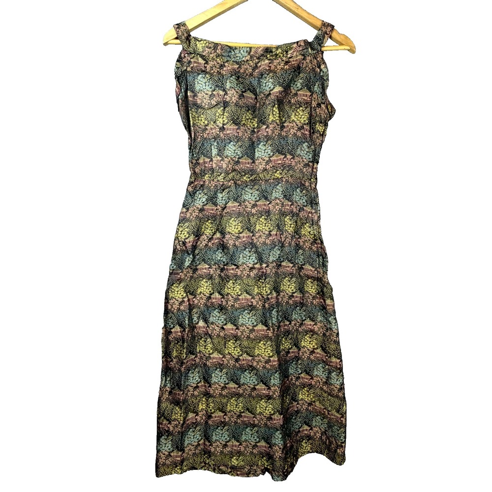 Vintage Midi Dress Womens Black Floral Print Pleated Dark‎ Tea Funky Eclectic